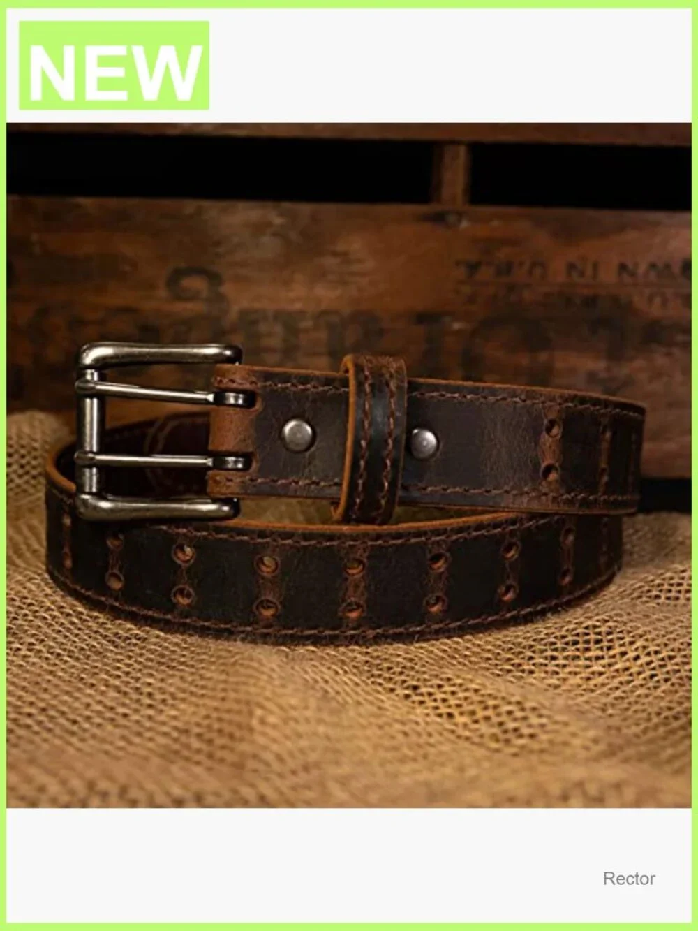 Men's Classic Leather Belt, Double Prong Retro Style, Antique Nickel Buckle, 1